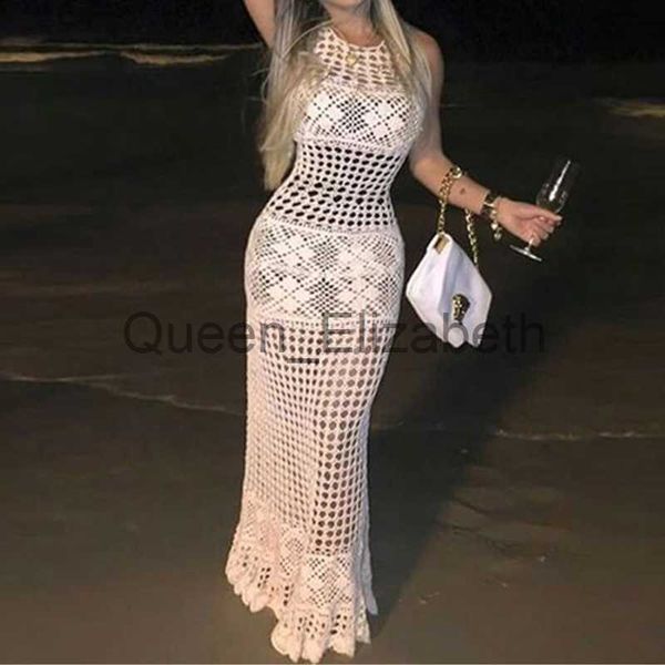 Vestidos casuais 2023 feminino crochê encobrir biquíni roupa de banho malha oco vestido de praia maiô perspectiva sólida túnica kaftan sexy pareo praia j230614