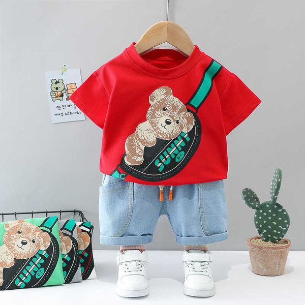 Летняя детская новая хлопковая короткая рукава корейская джинсовая шорты мультфильм медведь рюкзак с двумя частями в прямом эфире 2023