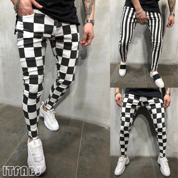 Pantaloni da uomo Hirigin Summer Fashion Slim Comodo plaid a righe Nero Bianco Matita casual Abbigliamento uomo 230614