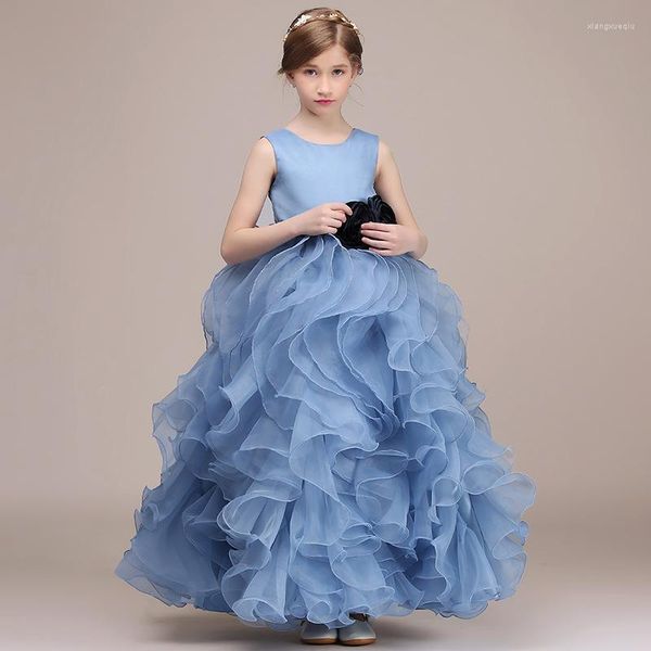 Vestidos para meninas Dideyttawl Vestido de festa de aniversário formal de luxo para crianças Azul com babados Organza Vestidos de princesa Casamento com flores