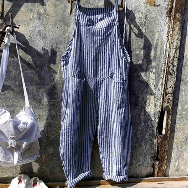 Zweiteilige Damenhose, Vintage-Streifen, Baggy-Overall für Damen, lässig, locker, weites Bein, Strampler mit großer Tasche, Hose, Sommer-Overall, Playsuit-Kleidung