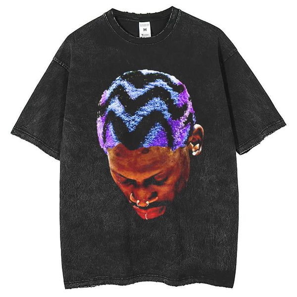 Rodman Basketbol Kısa Kollu T-Shirt Erkek Kadın Moda Büyük Boy Hip Yarım Kollu Yıkama Kızartılmış Kar Tanesi T-Shirt