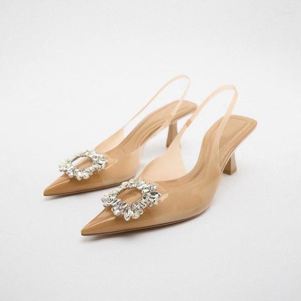 Sandálias femininas bege botão quadrado strass decorativo transparente sapatos de salto alto 2023 moda slingback bombas verão