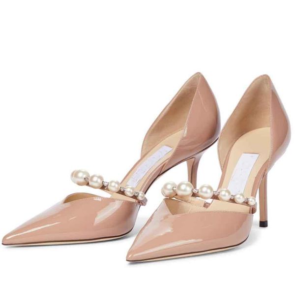 Eleganti scarpe da sposa da sposa Scarpe Aurelie Décolleté Sandali da donna Cinturino con perle Marchi di lusso Punta a punta Tacchi alti Donna Scarpe con tacco rosa da passeggio con scatola EU35-43