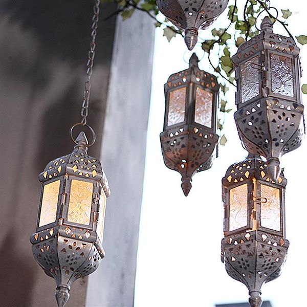 Portacandele Arte del ferro marocchino Candeliere appeso Decorazione domestica Vetro vintage Transfrontaliero Porta bomboniere per bomboniere