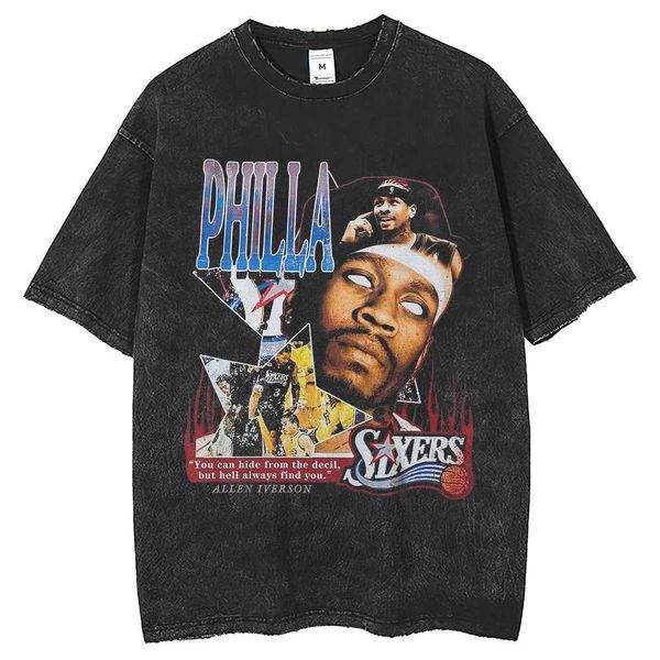 Allen Iverson Portre Baskı Modaya Dönüş T-Shirt 250g Su Yıkandı Tişört Tişört Büyük boy T-Shirt