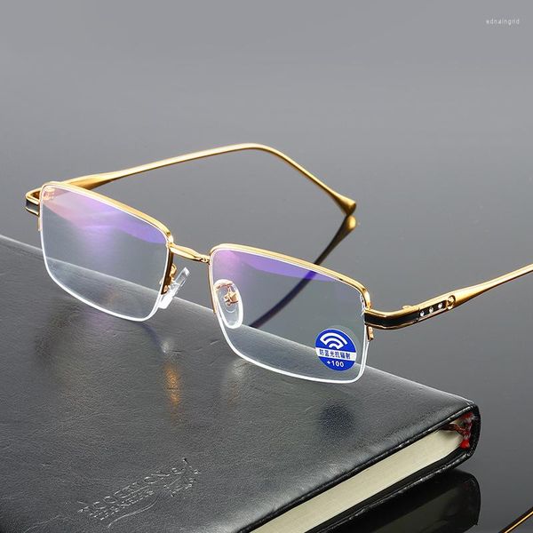 Sonnenbrille Anti-blaue flache Brille Lesen HD Halbrahmen Metall Scratch Eye für Männer