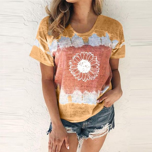 Damen-T-Shirts, Damen-T-Shirts mit Batik-Sonnenblumen-Druck, lässig, modisch, Rundhalsausschnitt, kurzärmelig, Bluse, Tops, Blusas Femininas De Ver