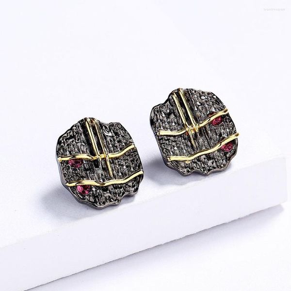 Pendientes de tuerca de estilo étnico de alta calidad, pendientes modernos de granada y rubí, joyería de plata 925 para mujer, oro negro creativo en dos tonos