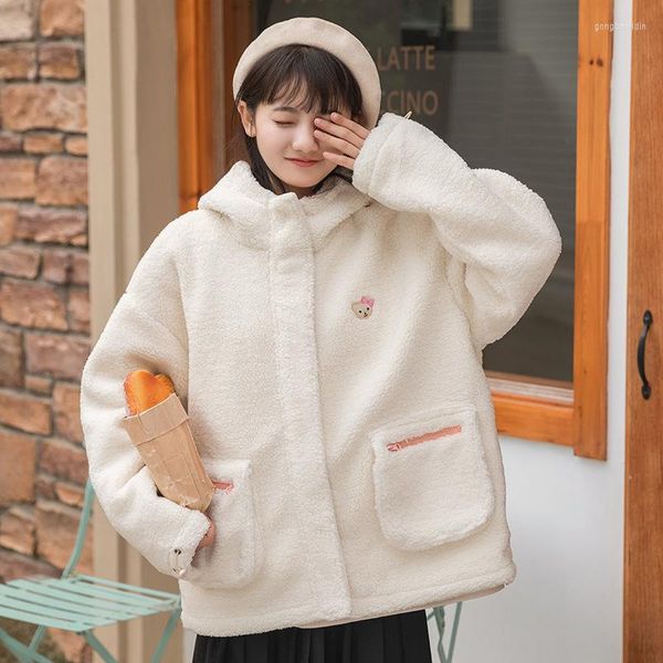 Felpe con cappuccio da donna Felpe con cappuccio da donna Cute Teddy Bear Pullover con pelo di agnello bianco nero 2023 Abbigliamento donna Vintage Harajuku Body Spring