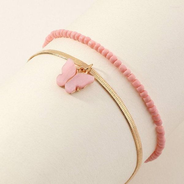 Fußkettchen 2 Teile/satz Acryl Schmetterling Fußkettchen Für Damen Rosa Samen Perle Sommer Strand Schmuck Großhandel