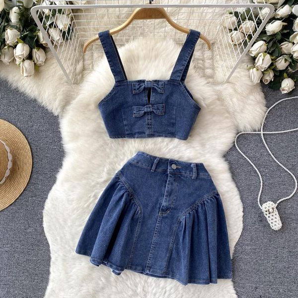 Arbeitskleider Damen Sommer Sexy 2-teilige Sets Ärmellos Schleife Trägerlos Denim Tops Hohe Taille Vintage Blue Jeans Röcke Anzüge Outfits