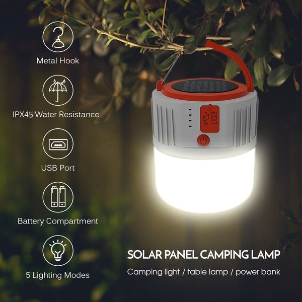 Solar -Glühbirne mit USB -Ladung, Solar -LED -Campinglampe tragbare batteriebetriebene Zelt -Glühbirne langlebige wiederaufladbare Lampe