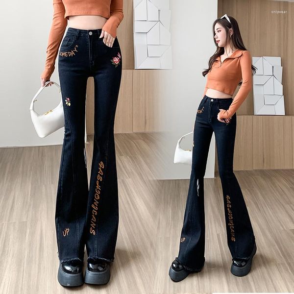 Frauen Jeans Buchstaben Stickerei Ausgestelltes Frau Stretch Hohe Taille Vintage Weibliche Boot Cut Hosen Mujer Mode Dünne Denim Hosen