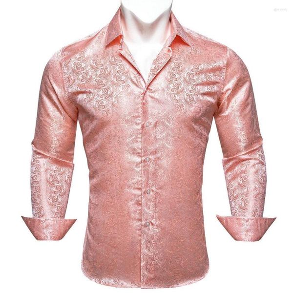 Camisas casuais masculinas de grife de seda para homens rosa Paisley manga longa bordado com botão para baixo blusas formais regulares justas 626