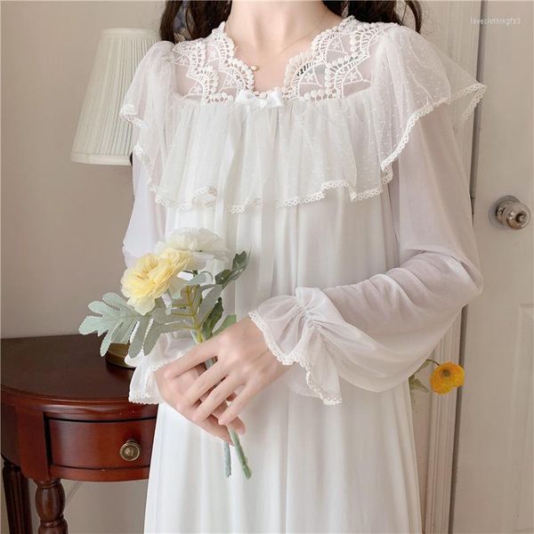 Damen-Nachtwäsche, viktorianisches Vintage-weißes Nachthemd, Damen-Nachthemd, Mesh-Spitze, Lolita-Nachtkleid, Prinzessin Peignoir-Robe, Damen-Lounge-Kleidung
