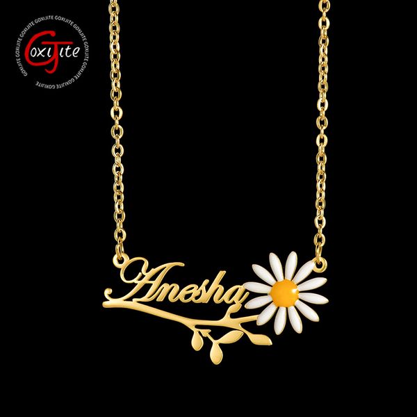 Colares com Pingente Goxijite Nome Personalizado Colar de Flor Aço Inoxidável Personalizado Colorido Margarida Placa de Identificação Chocker Colar Para Mulheres Presente de Festa 230614