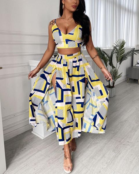 Рабочие платья 2023 Лето две части праздничные женщины Geo Pattern Colorblock Sexy Top Top High Slit Maxi Shit Set 2pcs Boho Style