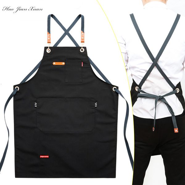 Grembiuli Moda Grembiule da lavoro unisex per uomo Tela Grembiule nero Bavaglino Cucina regolabile Grembiuli da cucina per donna Con tasche per attrezzi 230614