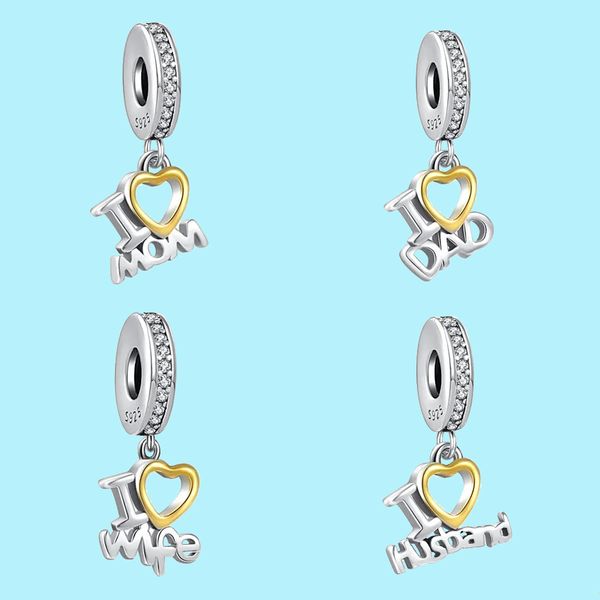 925 Sterling Silber Charms für Pandora-Schmuckperlen Charm 925 Armband „I Love Mom Dad Wife Husband Dangle“.