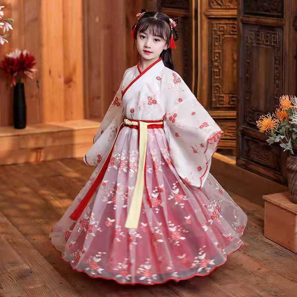 Девушки платья Hanfu Girls Spring и осенний детское костюм платье 3-12-летняя девочка вишня цветут