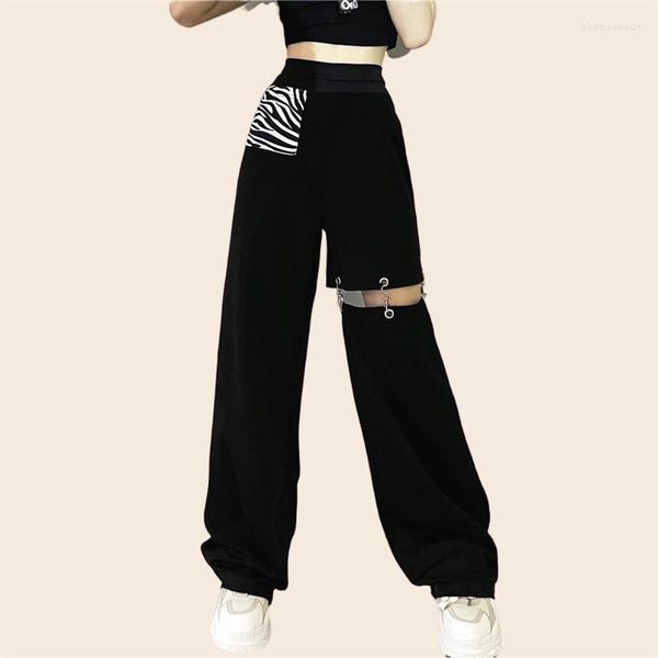 Calças Femininas Hip Hop Cintura Alta Sexy Design Feminino Calça Cargo Removível Moda Calças Rock Rasgadas Pernas Largas