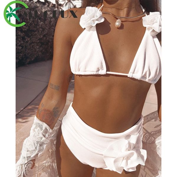 Roupa de banho feminina MUOLUX conjunto de biquínis de cintura alta branco de duas peças 3D flor roupa de banho feminina biquíni maiô sexy verão praia maiô 230615