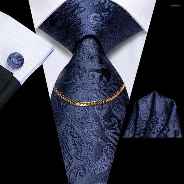 Gravatas borboleta 2023 Azul marinho Paisley Luxo Seda Masculina Gravata Moda Cadeia Lenço Abotoaduras Presente Para Casamento Hi-Tie Designer Atacado