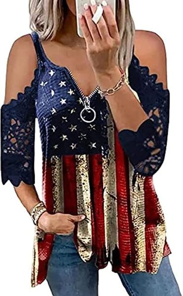Camisetas femininas com bandeira americana listrada em renda e ombro frio 4 de julho camisetas gráficas do Dia da Independência