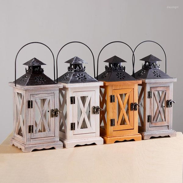 Kerzenhalter, europäischer Vintage-Stand, Glas-Windschutzscheibenlampe für alten Garten, Innenhof, winddicht, handgehaltene Pferdelaterne aus Holz, dekorativ