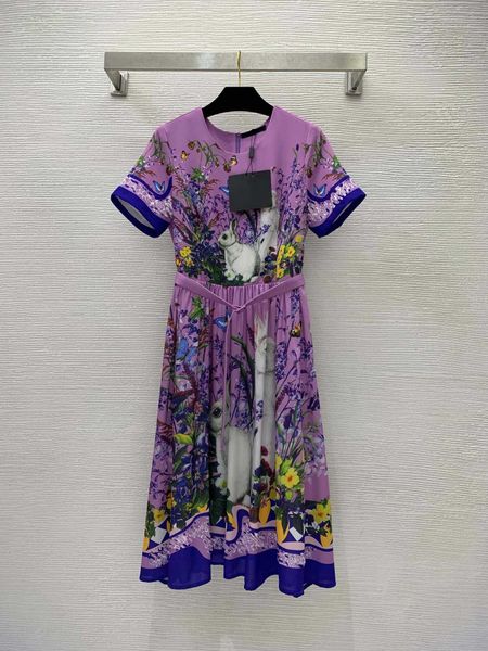 23ss vestidos de verão vestido mulheres designer bonito coelho flor impressão cintura encolhendo manga curta grande balanço vestido combinando cinto roupas femininas