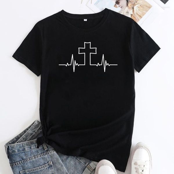 T-shirt da donna T-shirt in cotone con battito cardiaco a croce T-shirt da donna religiosa Christian Jesus Faith Top T-shirt da chiesa grafica unisex casual