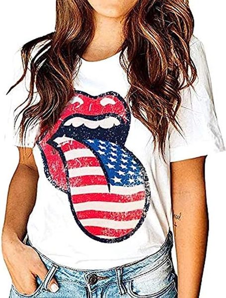 Modisches T-Shirt mit amerikanischer Flagge und Lippen für Damen, lustige Grafik-T-Shirts zum 4. Juli, Unabhängigkeitstag