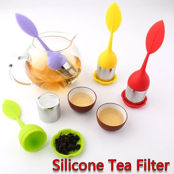 Neues kreatives Teekannenflecken Silikon Tee Löffel Infuser mit Lebensmittelqualitätsblätter Form 304 Edelstahl -Infusersiebfilter Filterblatt Deckel diffus diffus