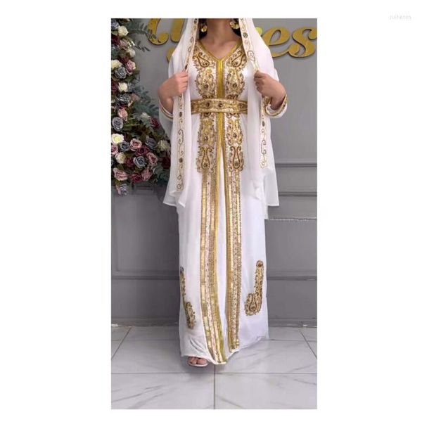 Ethnische Kleidung, weißer königlicher marokkanischer Kaftan, arabische Partykleidung, Abaya, handgefertigte Perlen, lange Hemden, Kleider, europäische und amerikanische Modetrends