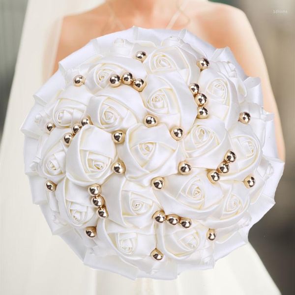 Flores decorativas 1 pç/lote Branco Bouquet de Casamento Ouro Diamante Prata Pérola Decoração Nupcial Fita Artificial