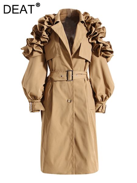 Damen Trenchcoats DEAT Mode Mantel Revers Einreiher Schulter Rüschen Langarm Gürtel Windjacke Herbst 2023 17A29 230615