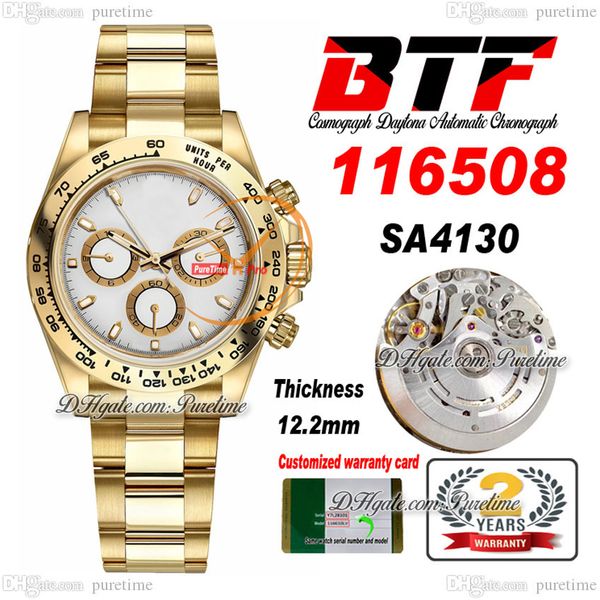 BTF Better Factory SA4130 Automatik-Chronograph Herrenuhr, 18 Karat Gelbgold, weißes Zifferblatt, 904L Oystersteel-Armband, Super Edition, TH 12,2 mm, Reloj Hombre Puretime B