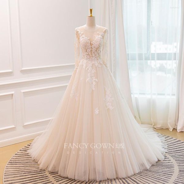 Abito da sposa Ball Gown Manica lunga Vintage scollo a V 2023 Elegante pizzo Appliques Vestido De Noiva Sweep Train Sposa da sposa