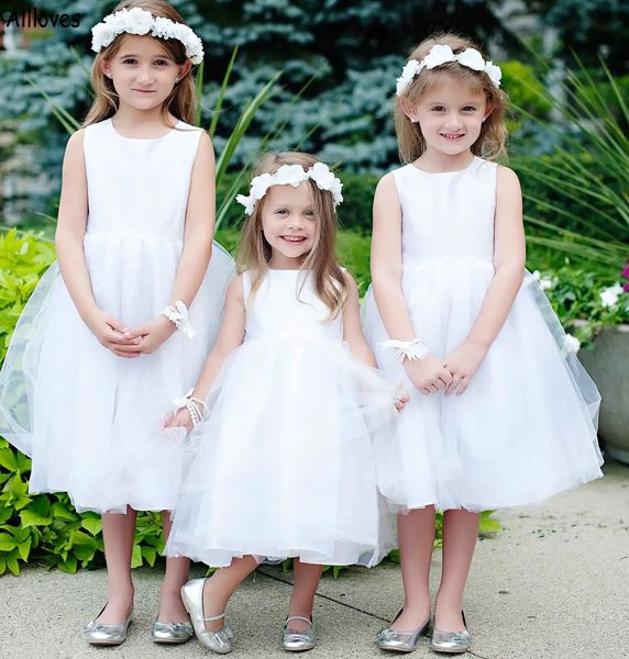 Carino bianco soffio tulle fiore ragazza abiti per matrimonio gioiello collo raso senza maniche bambino bambini prima comunione abito di compleanno lunghezza tè bambino formale usura del partito CL2458