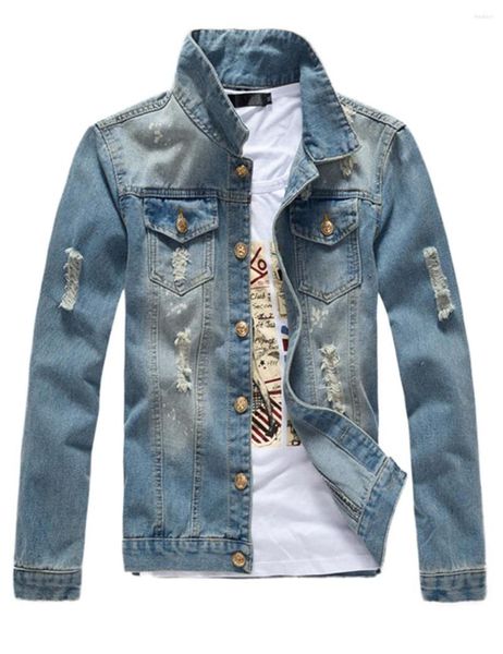 Casacos Masculinos Estilo Europa Jaqueta Jeans Masculina Clássica Retro Acid Vintage Lavado Lapela Rasgada Slim Fit Manga Longa Casaco Jean Outerwear