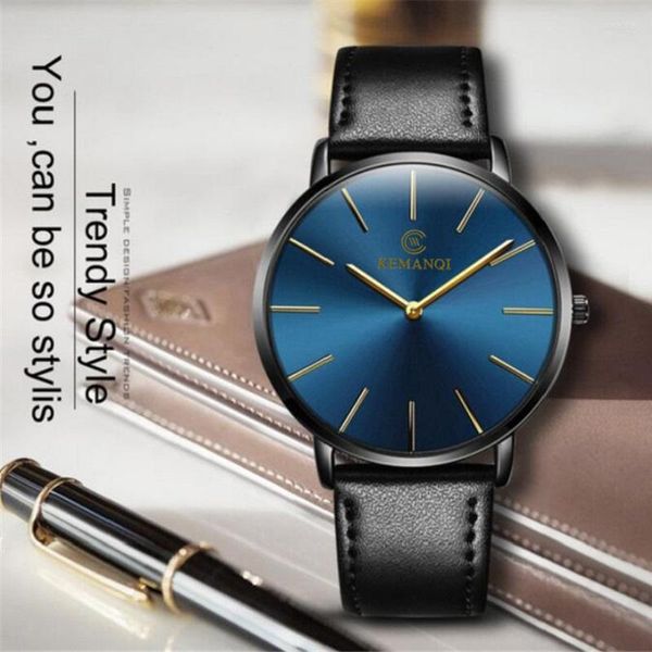 Relógios de pulso elegantes para homens relógios de quartzo com mostrador azul ultrafino relógios de pulso masculinos de negócios de couro para venda Relogio Feminino
