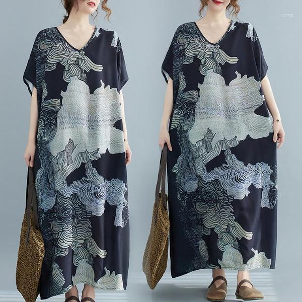 Vestidos Casuais Vintage Patch Designs Vestido Feminino 2023 Verão Decote em V Altura do Tornozelo Linho Sem Manga Uma Linha Pulôver Robe Vestido M208