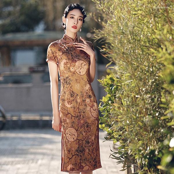 Ethnische Kleidung Sommer Chinesisches Elegantes Kleid Qipao Frauen Retro Satin Druck Mittellang Verbesserte Cheongsam Moderne Bankett Abendkleider