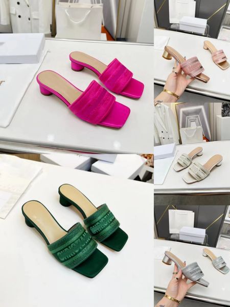 Sandálias de designer de paris e chinelos de moda de verão feminino feminino salto médio sapatos bordados sexy