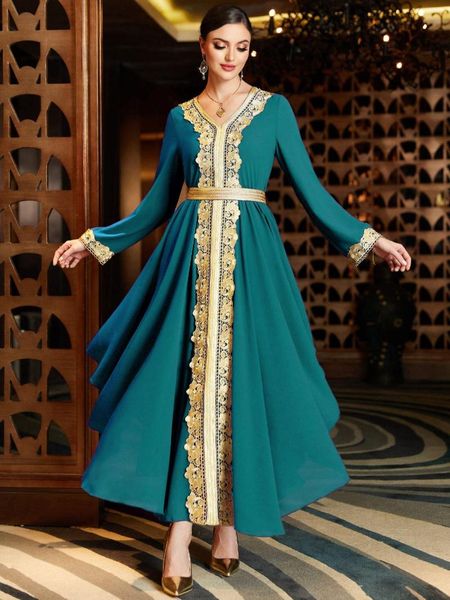 Этническая одежда Двойное шифоновое шифоновое асимметричное макси -платье для женщин Corban Eid Al Adha 2023 шикарная кружевная отделка v Арабский дубай с длинным рукавом
