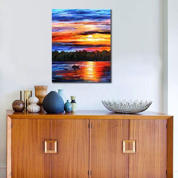 Arte Contemporânea Texturizada Pesca ao Pôr do Sol Pintado à Mão Seascape Pintura em Lona Cênica Decoração de Quarto