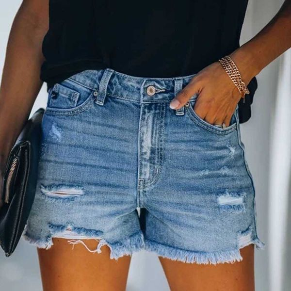 Neue Damen-Jeans-Shorts, gerade Plattform, vierfarbig, perforiert, hohe Taille, sexy kurze Denim-Hosen, gewaschene heiße Kleidung