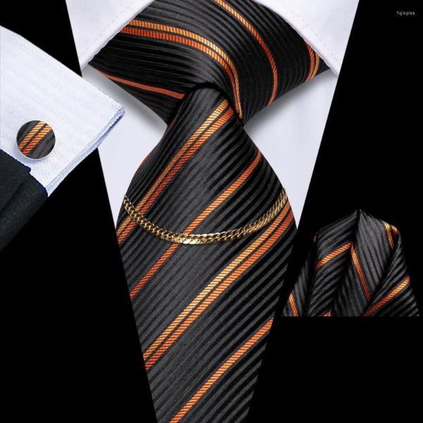 Laço Clássico Preto Laranja Listrado Luxo Seda Gravata Masculina Moda Gravata Cadeia Hanky Abotoadura Conjunto Presente Para Casamento Masculino Hi-Tie Designer