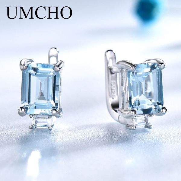 Ear Cuff UMCHO Orecchini a clip con topazio azzurro cielo per donna Solido argento sterling 925 Princess Cut Trendy Silver 925 Jewelry Birthstone Gift 230614